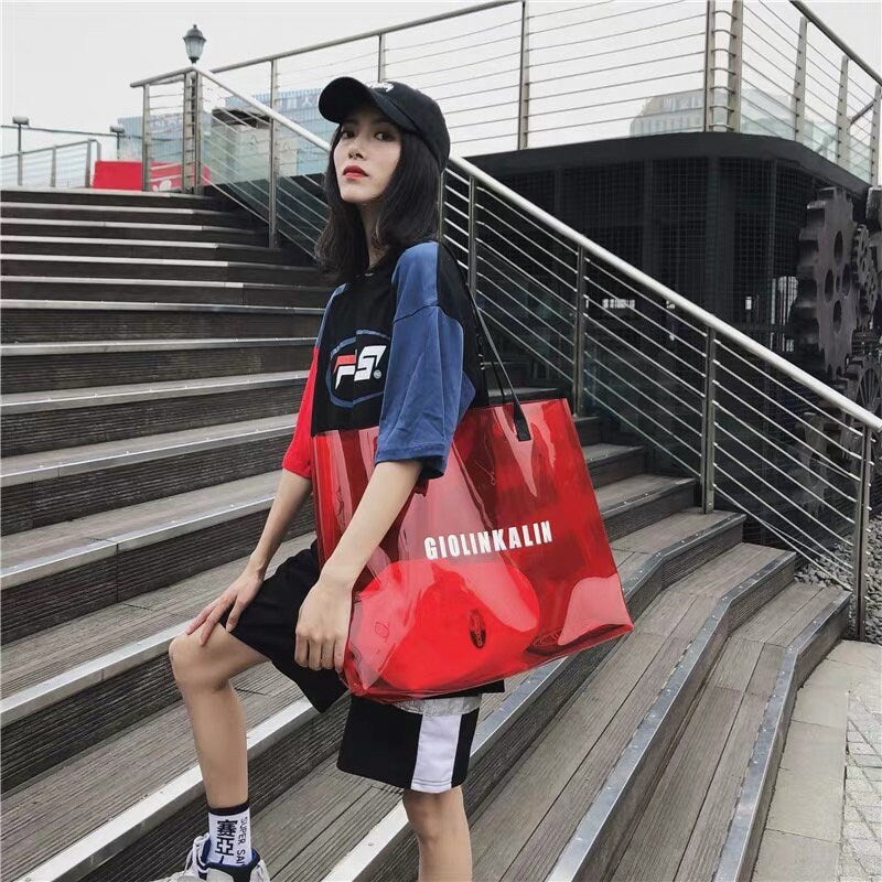 Custom made large volume PVC waterproof women Renaissance single shoulder stapling Yoga Fitness Tote clear wrap set her most beautiful gift