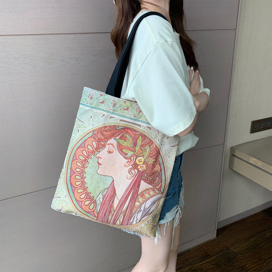 Canvas Bag Simple Painting Large Capacity One-shoulder Bag Handheld Cotton Bag Shopping Green Bag