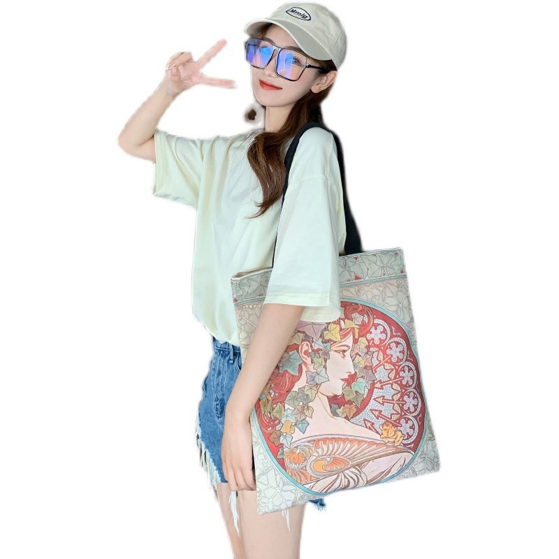 Canvas Bag Simple Painting Large Capacity One-shoulder Bag Handheld Cotton Bag Shopping Green Bag