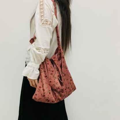 Autumn and Winter New One Shoulder Retro Wind Flower Corduroy Crossbody Bag Canvas Bag Women's Large Capacity Bag Student Class Bag