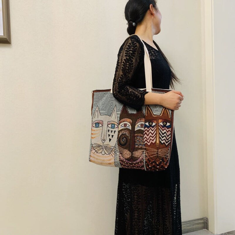 Autumn and Winter New Meow Star Man Cloth Bag Horizontal Single Shoulder Bag Women's Schoolbag Cat handbag Super large fabric canvas bag