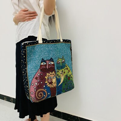 Autumn and Winter New Meow Star Man Cloth Bag Horizontal Single Shoulder Bag Women's Schoolbag Cat handbag Super large fabric canvas bag