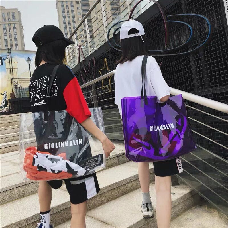 Custom made large volume PVC waterproof women Renaissance single shoulder stapling Yoga Fitness Tote clear wrap set her most beautiful gift