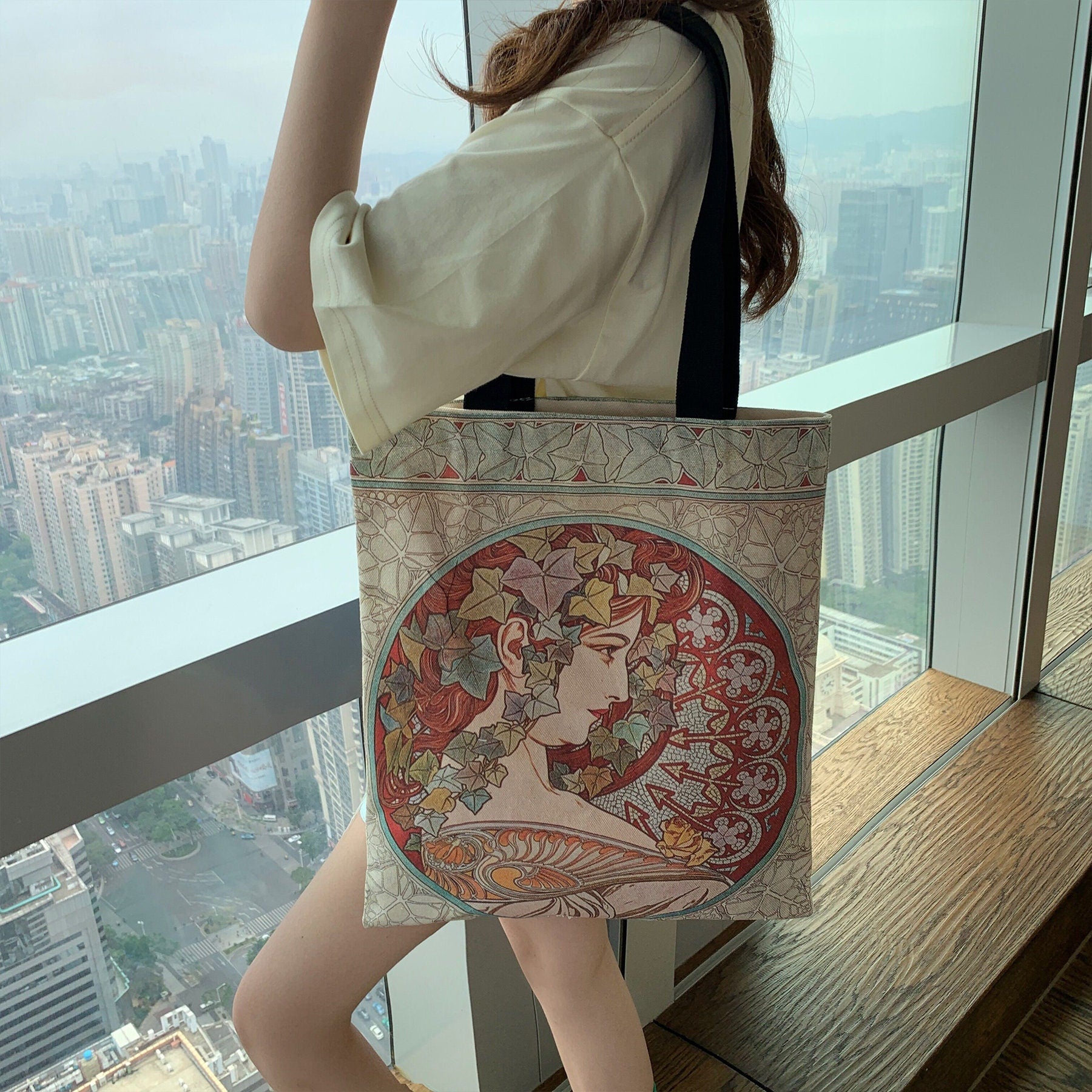 Canvas Bag Simple Painting Large Capacity One-shoulder Bag Handheld Cotton Bag Shopping Green Bag