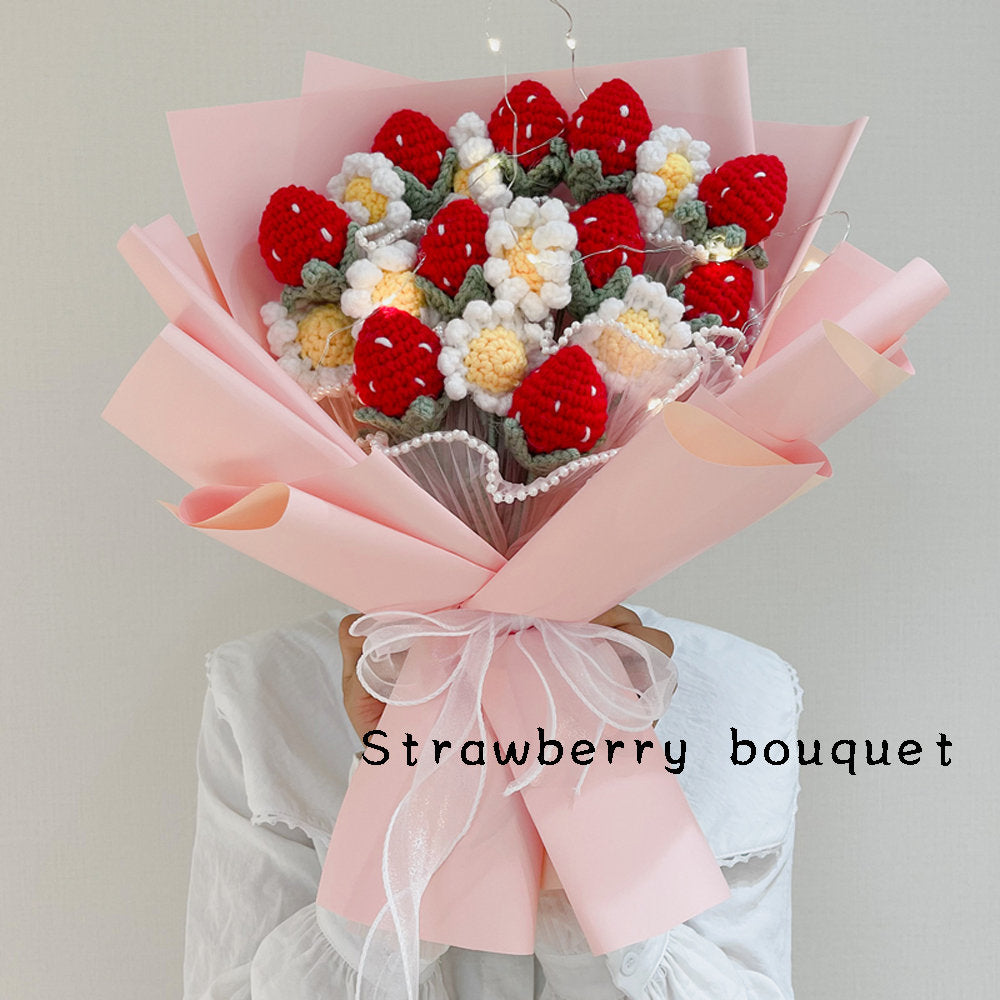 crochet strawberry flowers,hand knitted flowers,knitted peaches,strawberry bouquet,fruit bouquet,crochet flowers,home decor,gifts