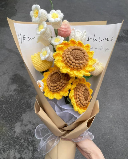 Crochet Sunflower Bouquet - Handmade Knitted Sunflowers-Tulip Rose Finished Flowers-Gifts for her