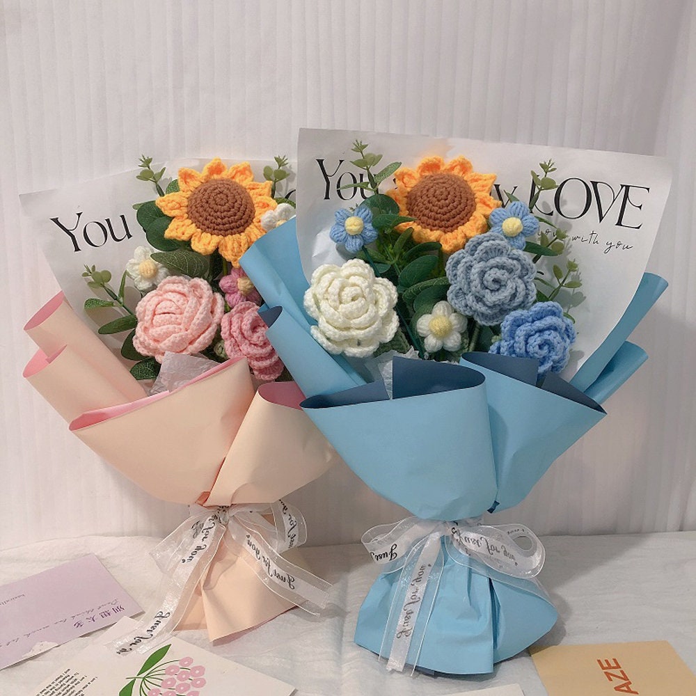 Crochet Rose Sunflower Bouquet, Floral Home Decor, Housewarming Decoration, Gift for Her, Handwoven Bouquet