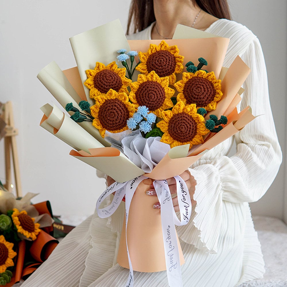 Crochet Sunflowers,Set of 6,Handmade knitted Flowers,Knitted Sunflower,Sunflower Bouquet,Crocheted Flowers,Home Decor