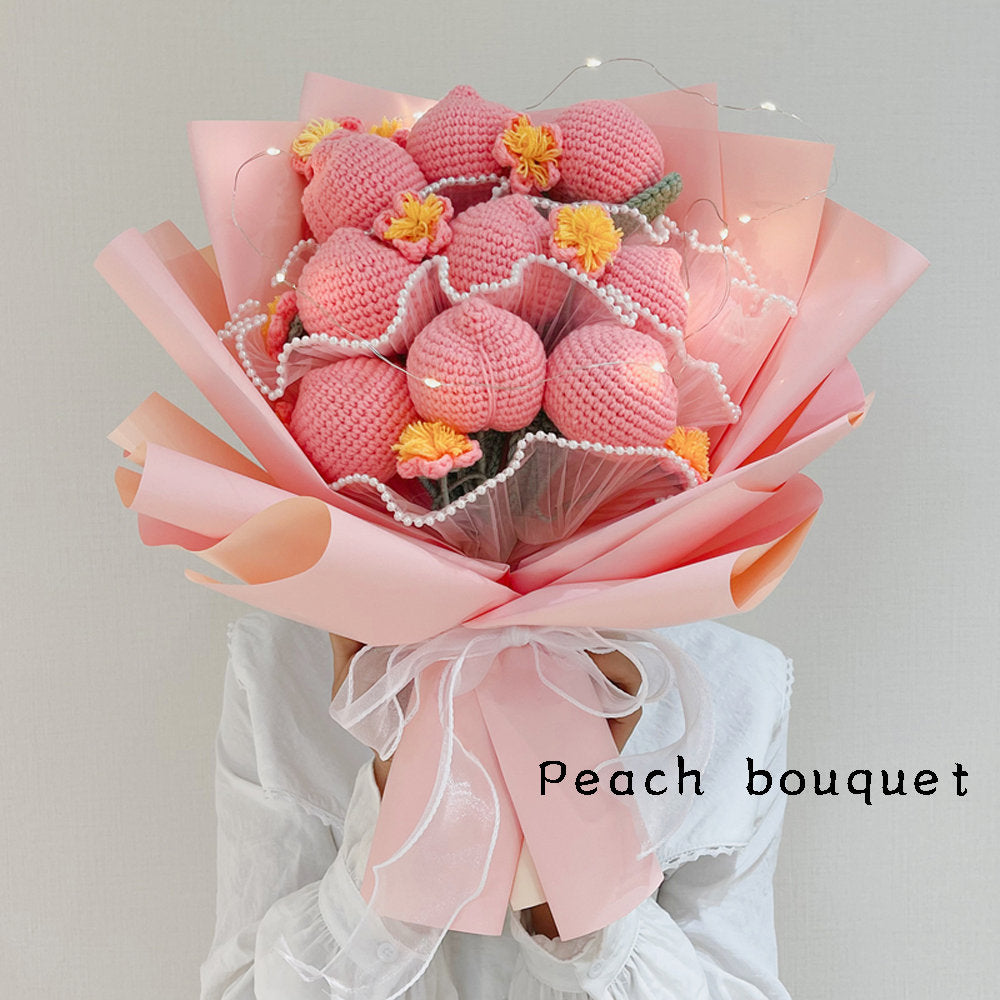 crochet strawberry flowers,hand knitted flowers,knitted peaches,strawberry bouquet,fruit bouquet,crochet flowers,home decor,gifts