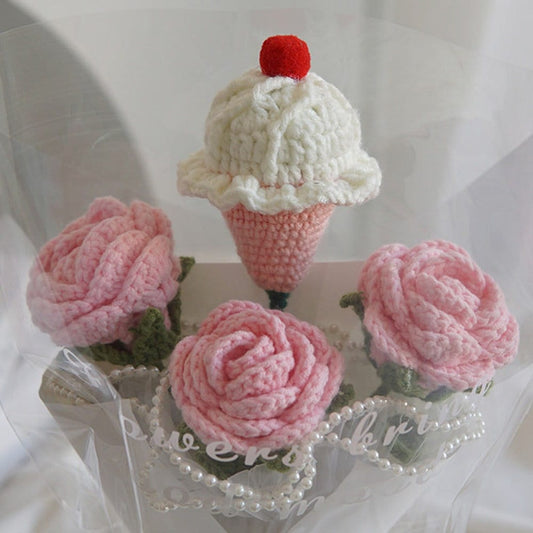 Crochet pink color roses bouquet,Holding a bouquet of rose ice cream, personalized gift for mom, friends, home decor
