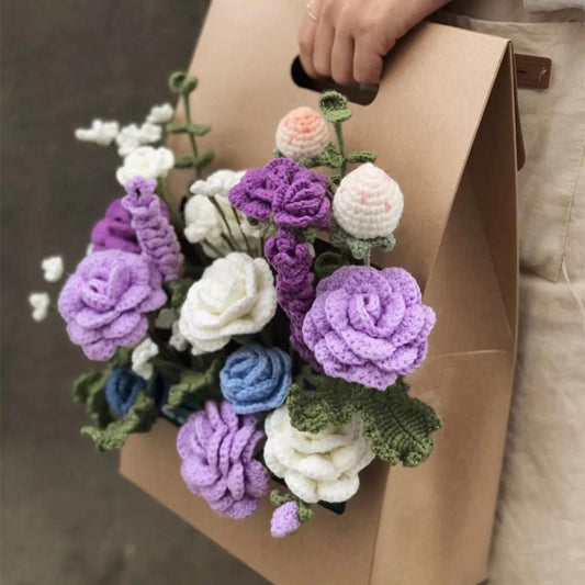 Hand Woven Bouquet - Crocheted Purple Rose Bouquet - Gift for Mom, Girlfriend, Friend