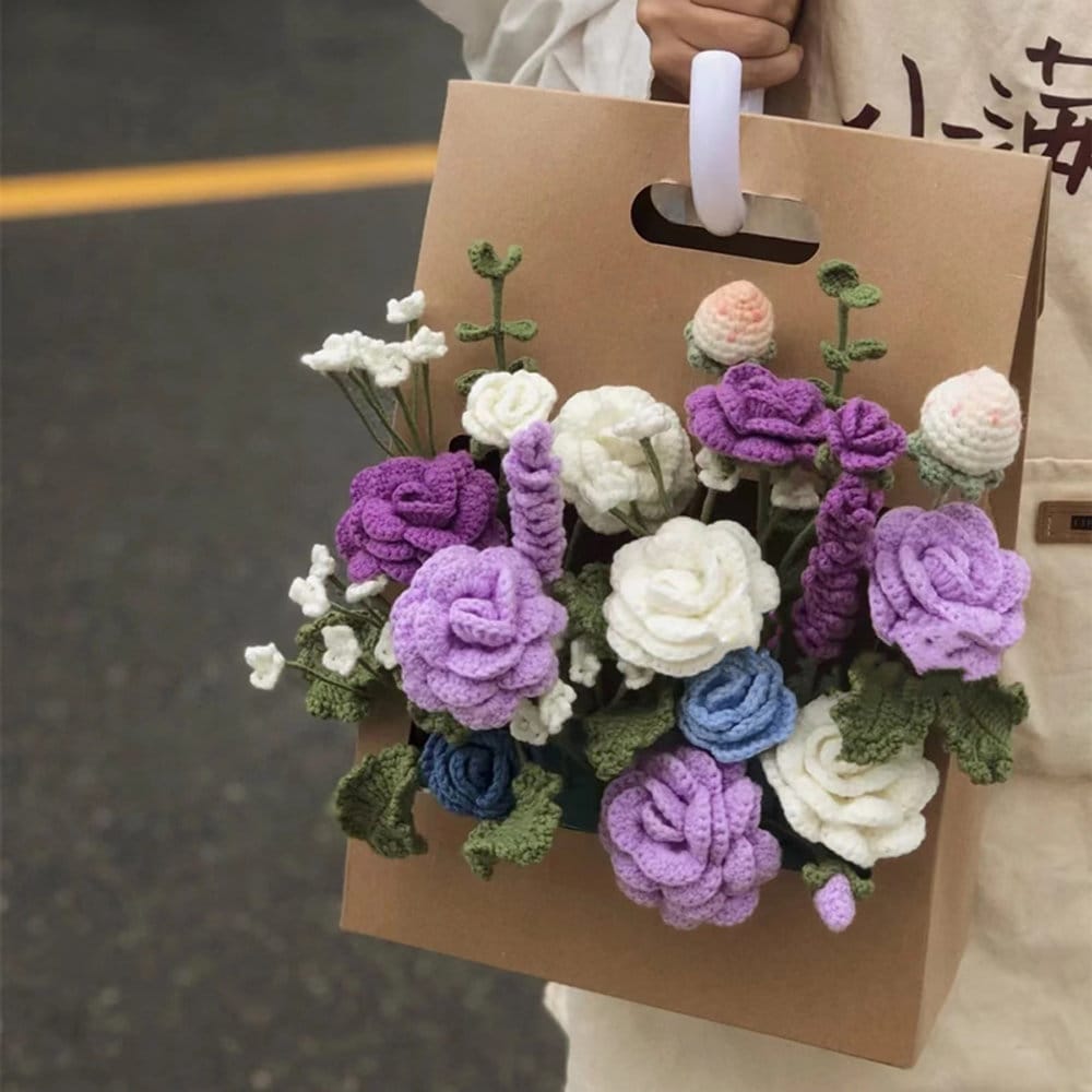 Hand Woven Bouquet - Crocheted Purple Rose Bouquet - Gift for Mom, Girlfriend, Friend