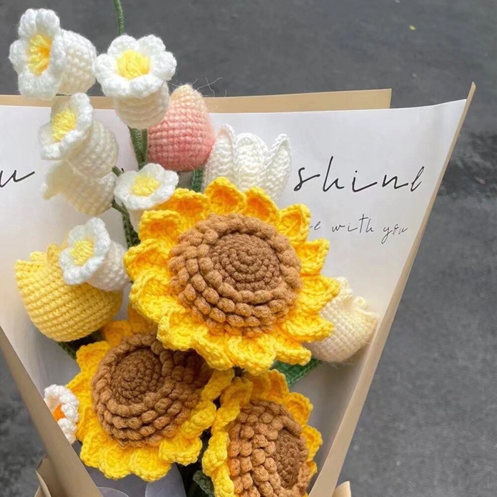 Crochet Sunflower Bouquet - Handmade Knitted Sunflowers-Tulip Rose Finished Flowers-Gifts for her