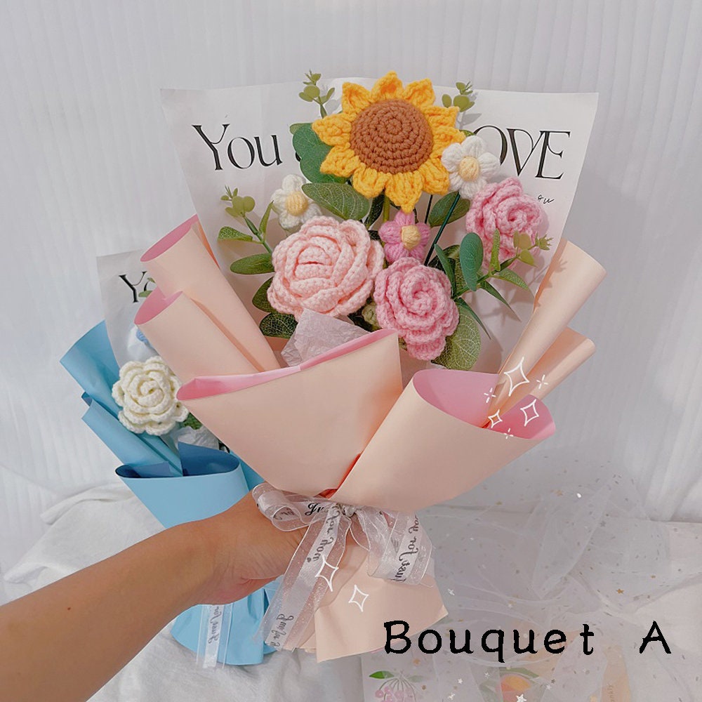 Crochet Rose Sunflower Bouquet, Floral Home Decor, Housewarming Decoration, Gift for Her, Handwoven Bouquet