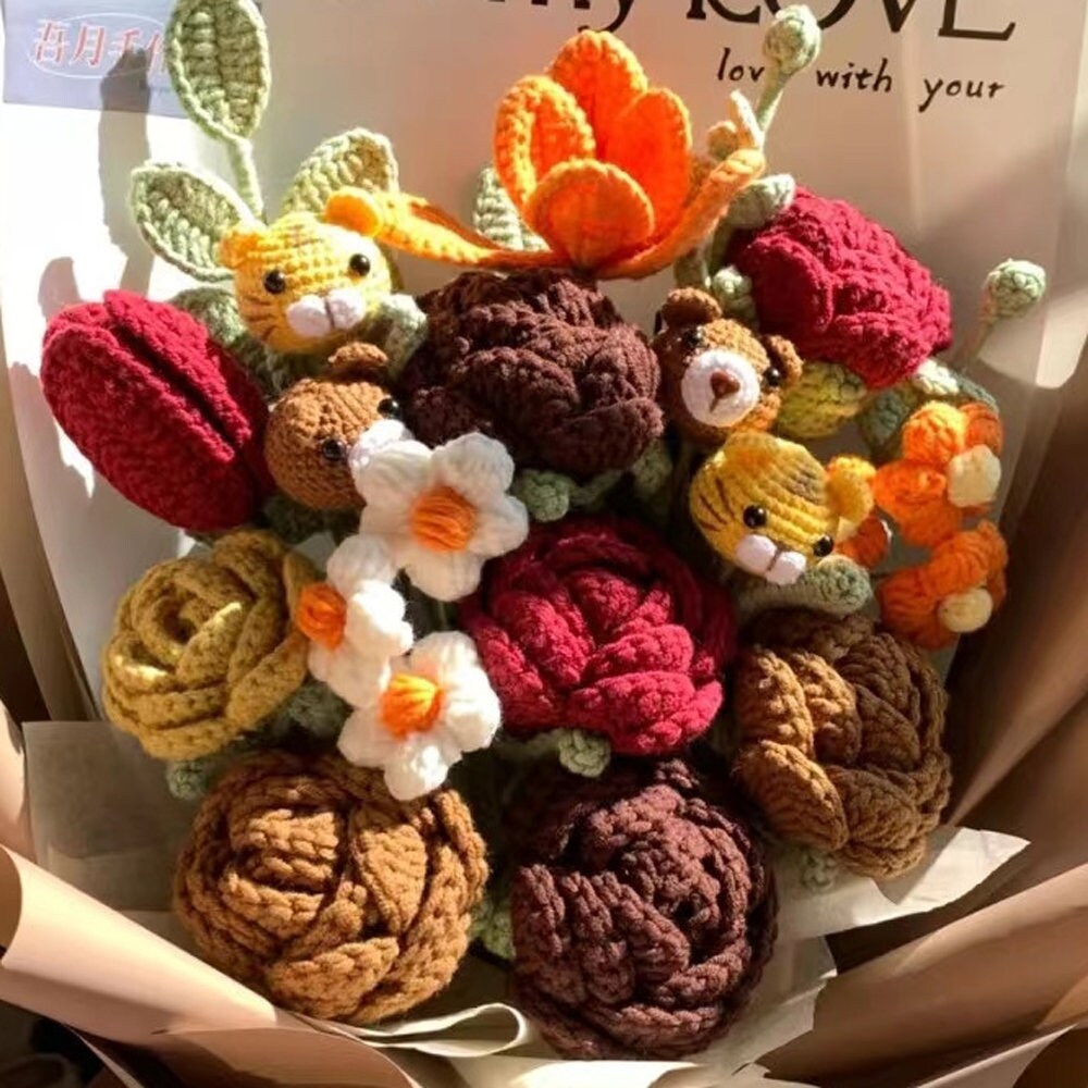 Crocheted Rose Bouquet - Handwoven Brown Tie Bouquet - Crocheted Thai Rose Bouquet - Gift for Mom, Girlfriend, Friend - Wedding Bouquet