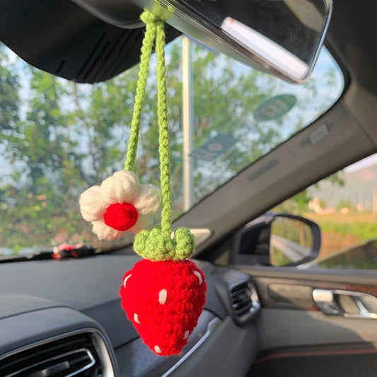 Cute Strawberry Flower Auto Parts Mirror Ornament Fruit Decoration Teen Indoor Rearview Mirror Female Handwoven Pendant