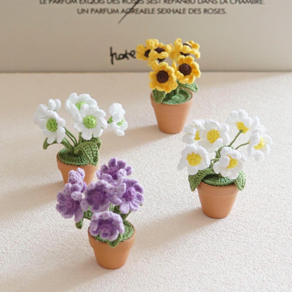 Mini Crochet Daisy Flower Pot, Finished Crochet Flowers Pot, Crocheted Plant Pot, Knitted Flowers, Home Decor, Gifts for Her,Hand Crochet