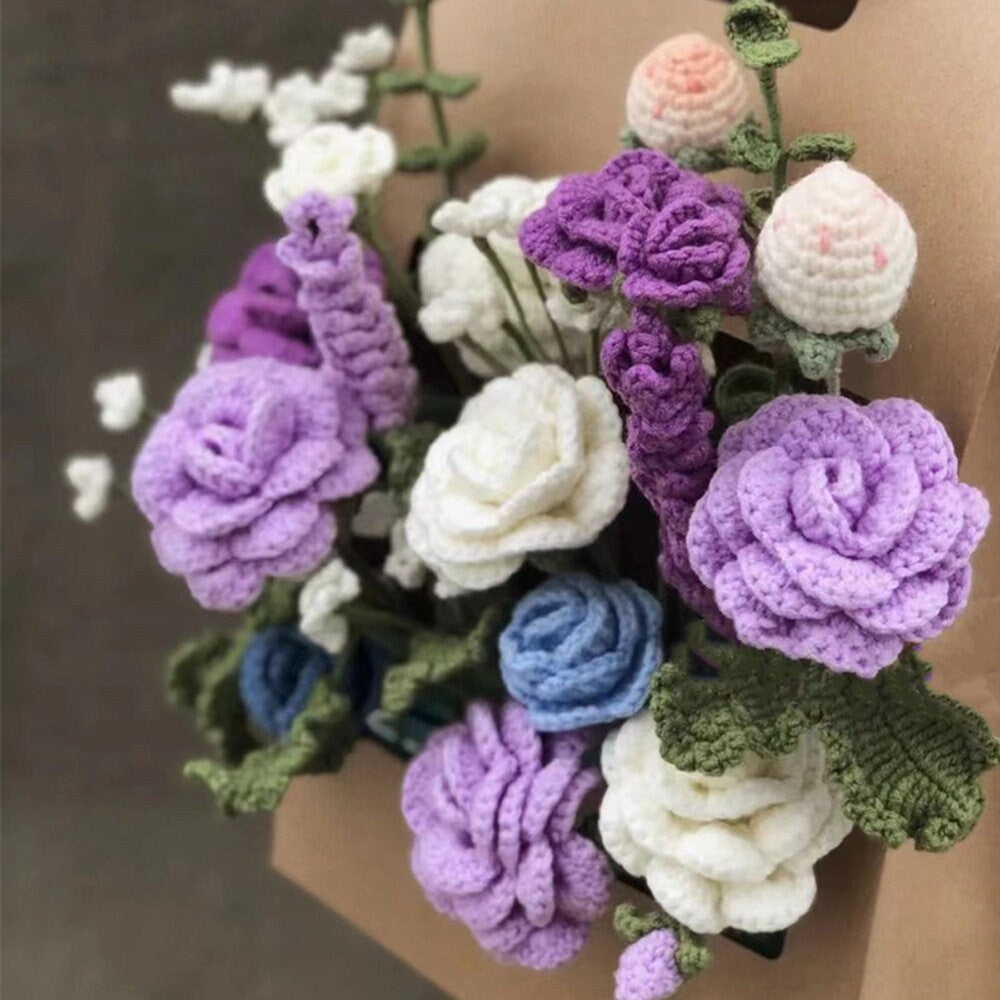 Hand Woven Bouquet - Crocheted Purple Rose Bouquet - Gift for Mom, Girlfriend, Friend