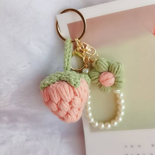 Crochet Keychain - Strawberry with Little Pearl -Handmade-Red strawberry and Pink strawberry