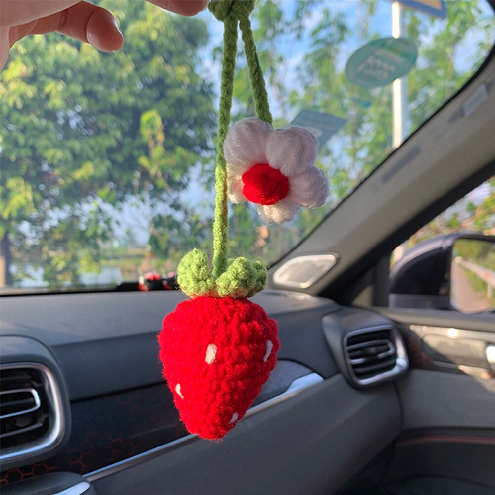 Cute Strawberry Flower Auto Parts Mirror Ornament Fruit Decoration Teen Indoor Rearview Mirror Female Handwoven Pendant