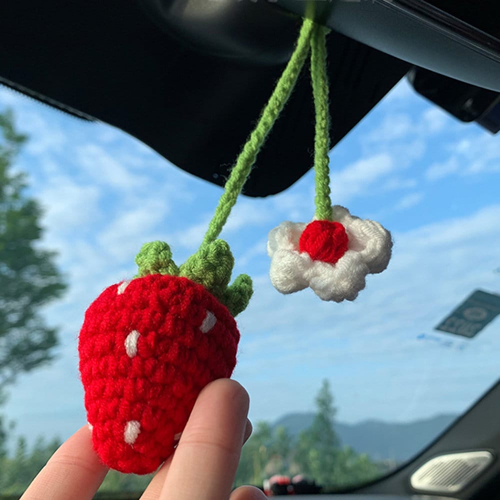 Cute Strawberry Flower Auto Parts Mirror Ornament Fruit Decoration Teen Indoor Rearview Mirror Female Handwoven Pendant