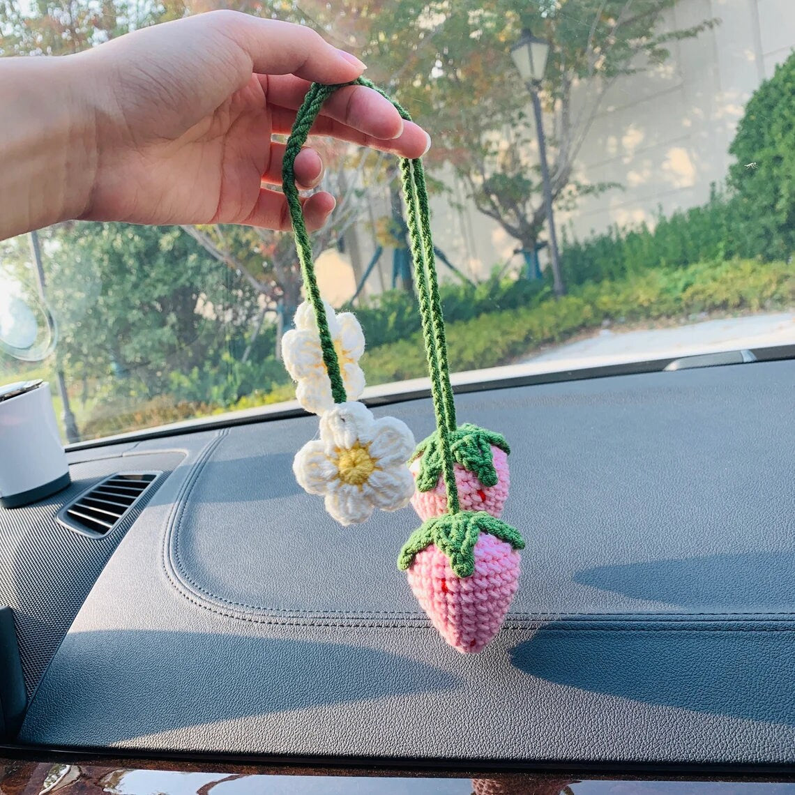 Cute Strawberry Flower Auto Parts Mirror Ornament Fruit Decoration Teen Indoor Rearview Mirror Female Handwoven Pendant