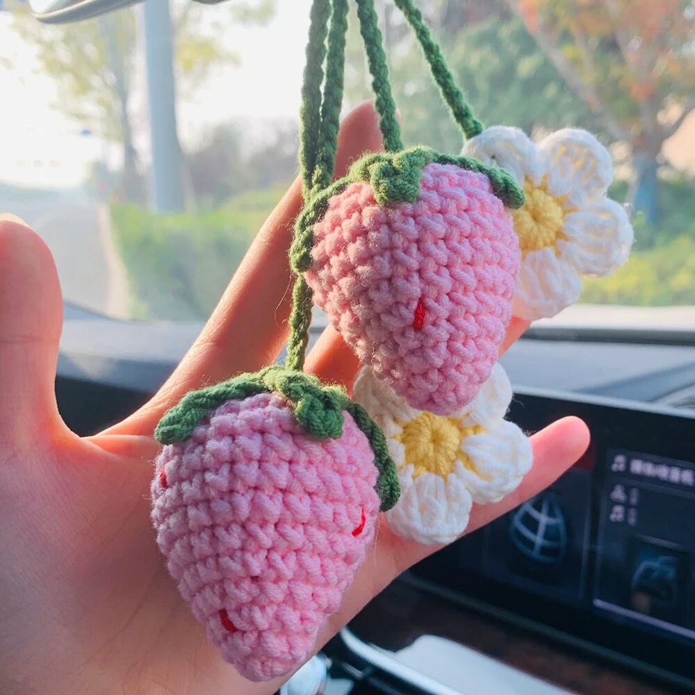 Cute Strawberry Flower Auto Parts Mirror Ornament Fruit Decoration Teen Indoor Rearview Mirror Female Handwoven Pendant